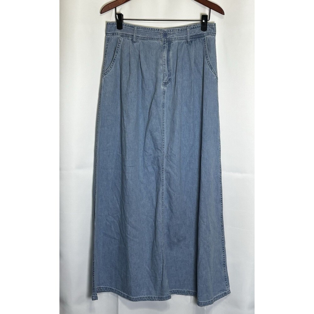 Risen Women's Long Maxi Jeans Skirt Size Medium Pleated Light Wash